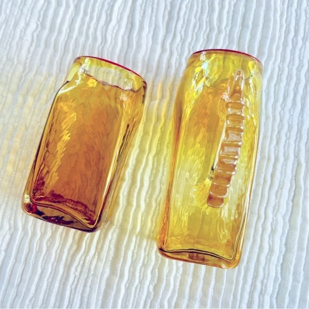Hand Blown Mini Glass‎ Vases !! Gorgeous Amber Color with Reddish Pink Lip